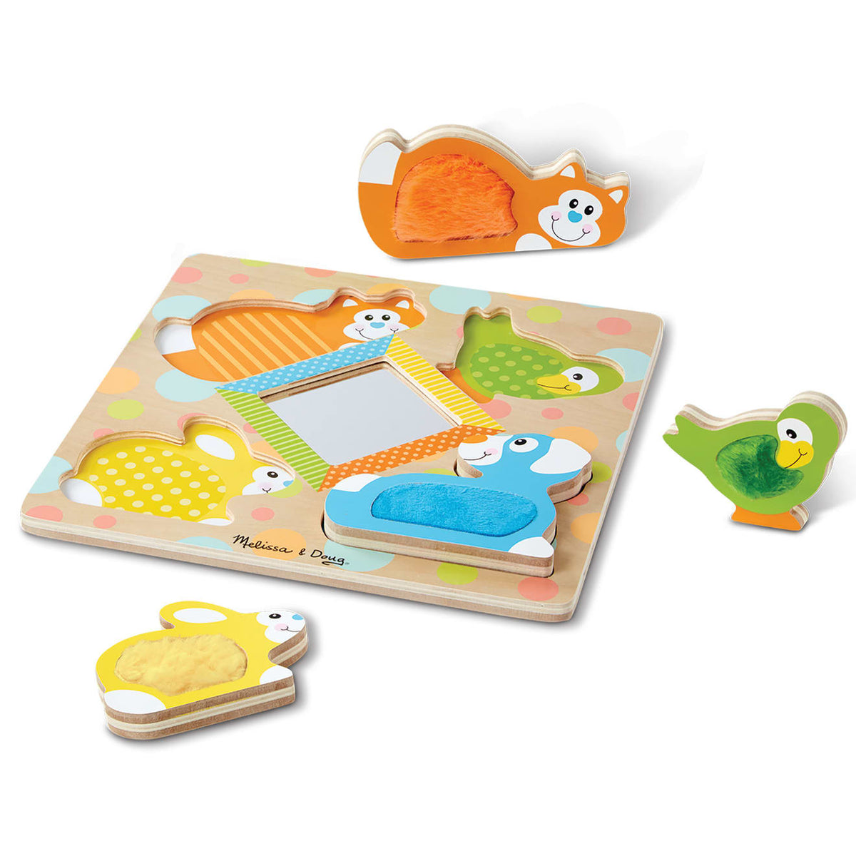 First Play Wooden Touch and Feel Puzzle Peek-a-Boo Pets With Mirror E8