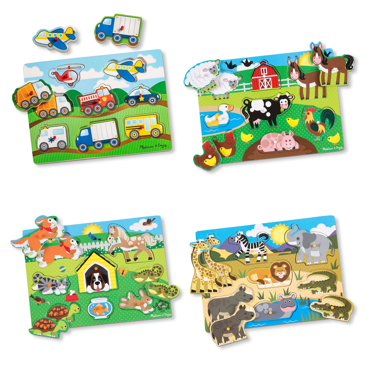 Wooden Peg Puzzle 4-Pack – Vehicles, Farm, Safari, Pets I1